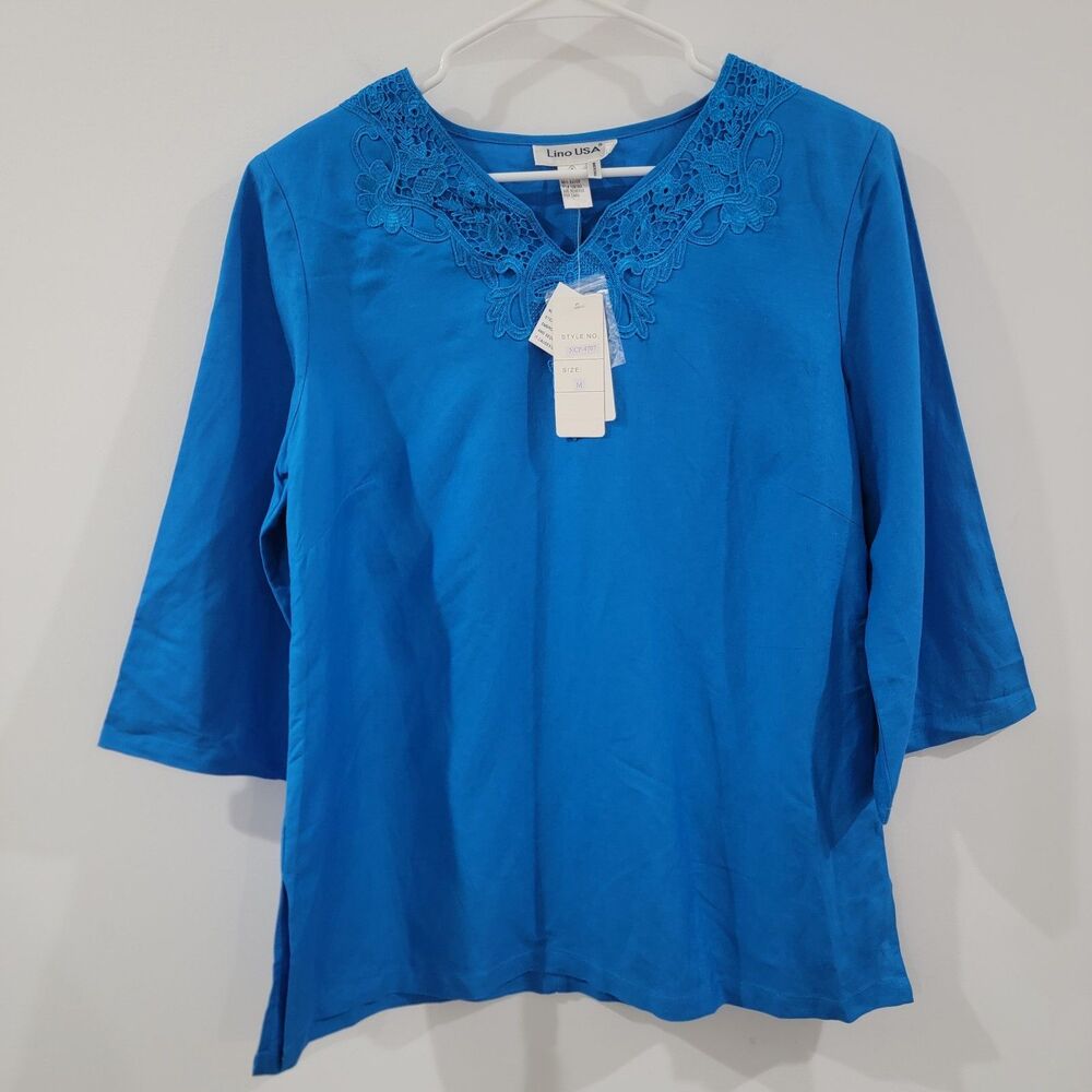 Lino Usa Womens Top Size Medium Linen Lace Flare‎ Sleeve Blue